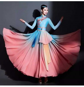 Women girls pink blue Mongolian dance costumes Folk dance arts film drama cosplay performance long gown Ethnic classical dance performance dresses